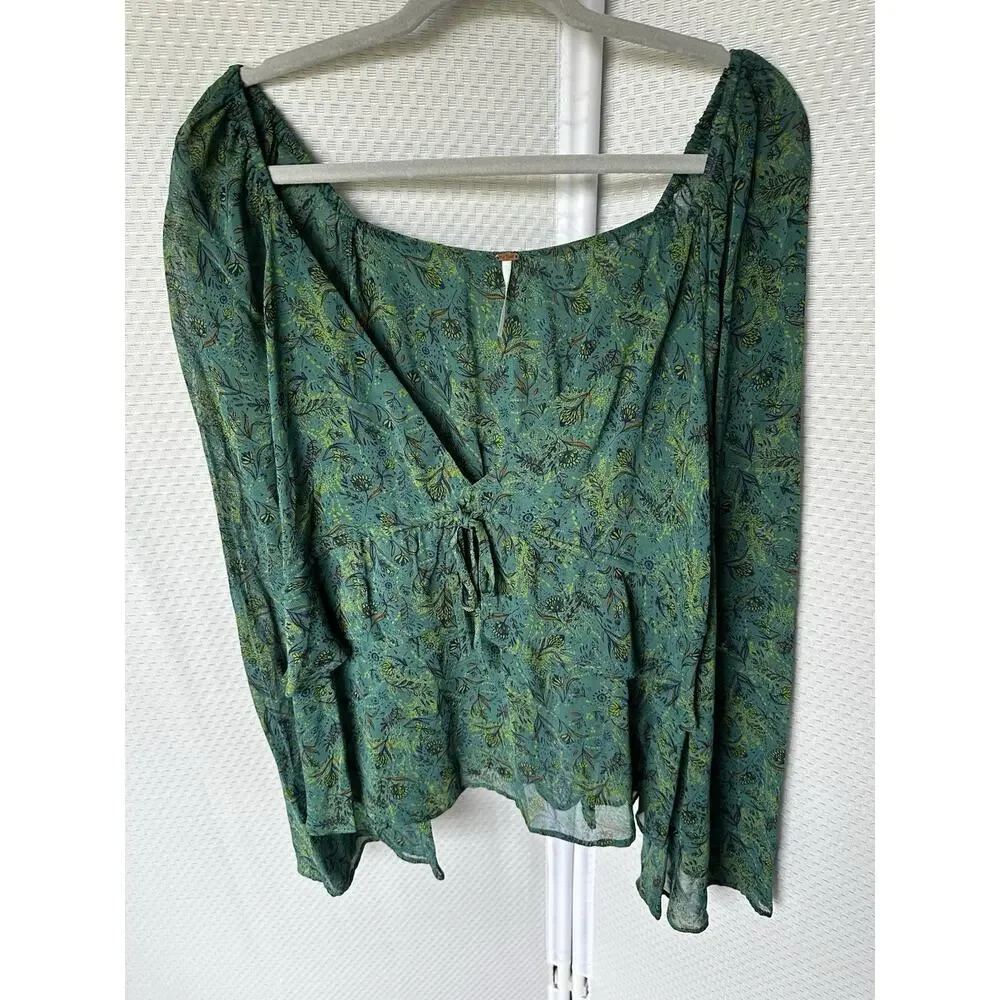 Free People Teal Green Printed Peasant Blouse